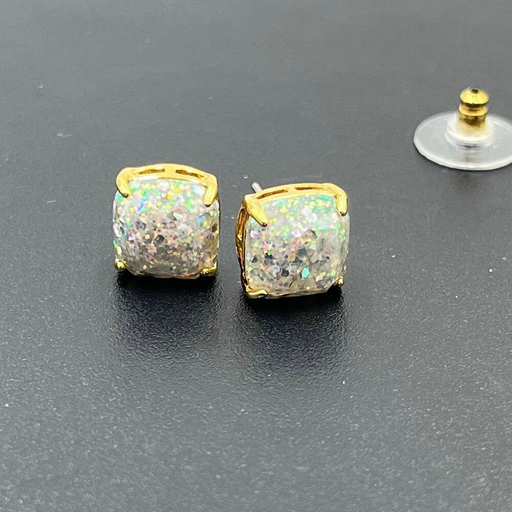 Kate‎ Spade New York Gold Tone White Silver Glitter Sm Square Stud Earring